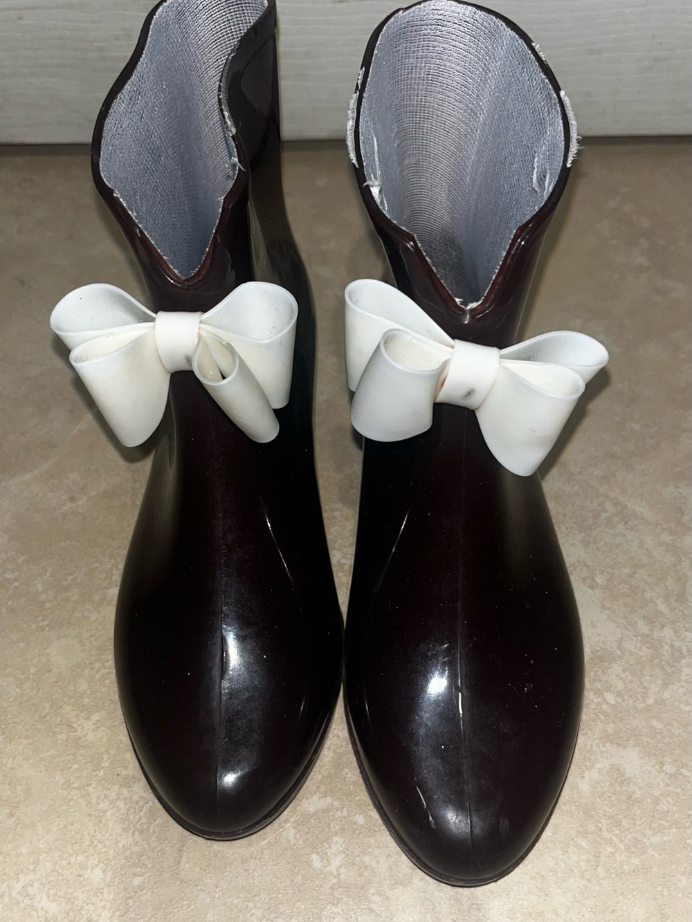 Women’s Black Rain Ankle Boots with White Bow